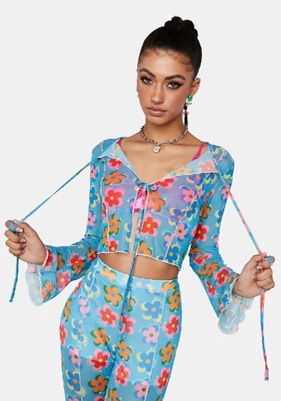 Discount Store Blue Floral Mesh Long Sleeve Top