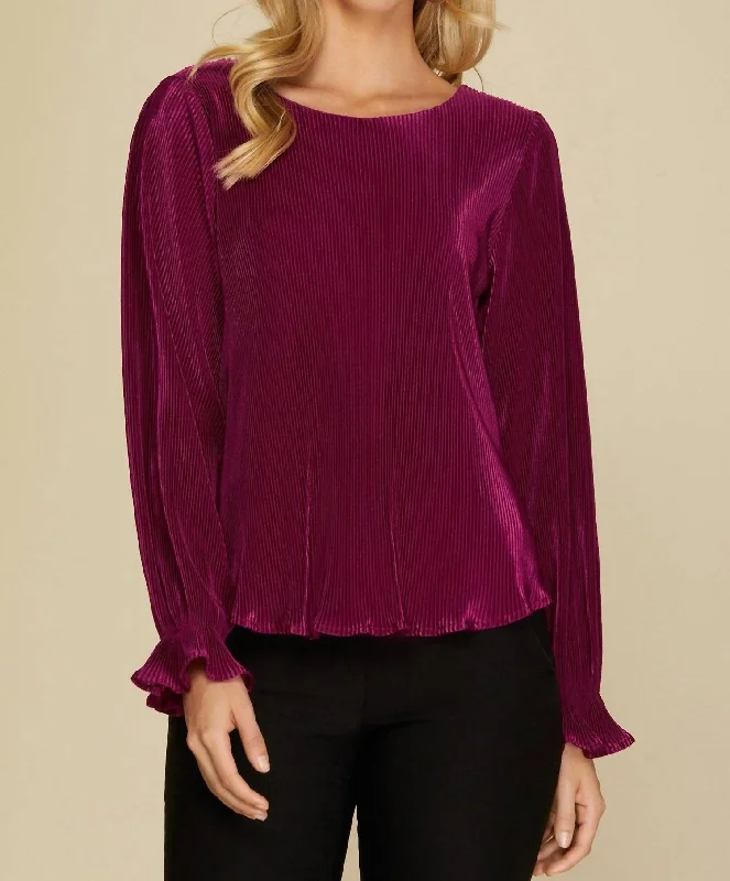 Clothes Women Long Sleeve Plisse Top In Magenta