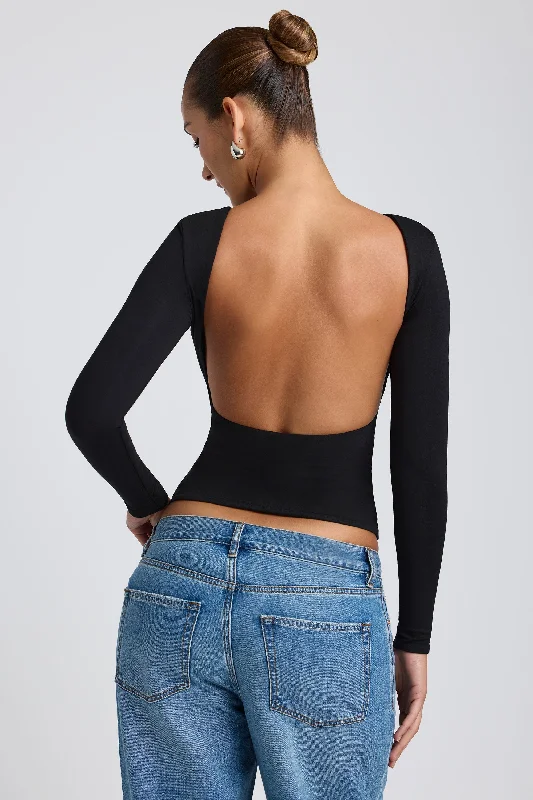 Chic Women's Clothing for Work and Travel Modal High Neck Long Sleeve Open Back Top in Black