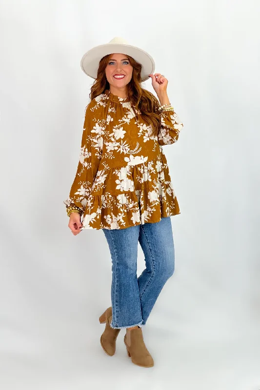 Women's Outfit For The Office Caramel Floral Print Long Sleeve Top