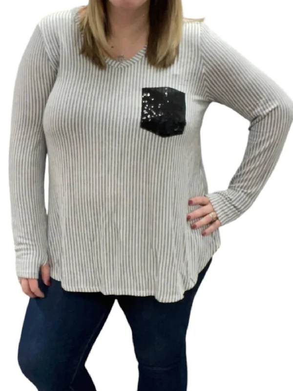 Stylish Women's Outfit Sequin Pocket V-Neck Long Sleeve Tee In Grey