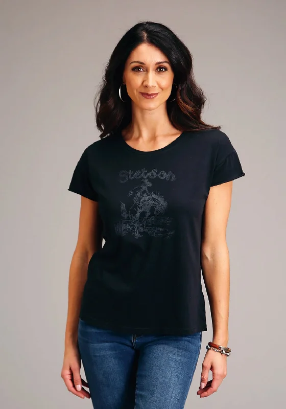 Comfy Women's Outfits for Daily Wear Stetson Womens Black 100% Cotton Bronc Rider S/S T-Shirt