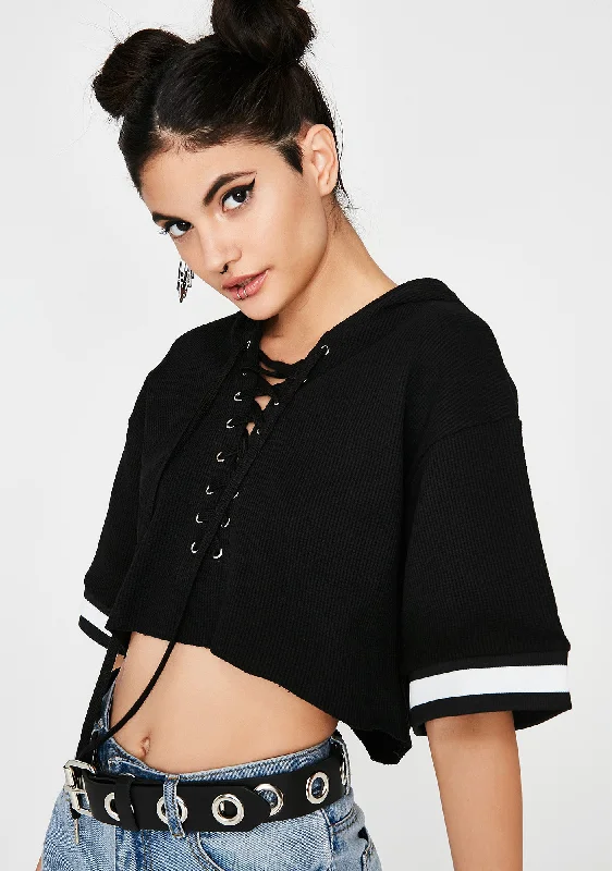 Chic Women's Clothing for Date Nights Ink Cuddle Champ Cropped Lace-Up Hoodie