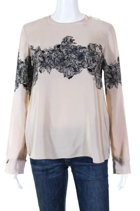 Vintage-Inspired Women's Apparel Vanessa Bruno Women Floral Scroll Design Long Sleeve Blouse Beige Silk
