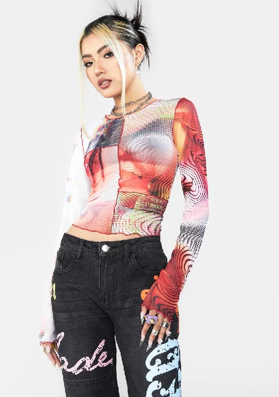 Women's Activewear Outfit Mixed Y2K Print Mesh Long Sleeve Top