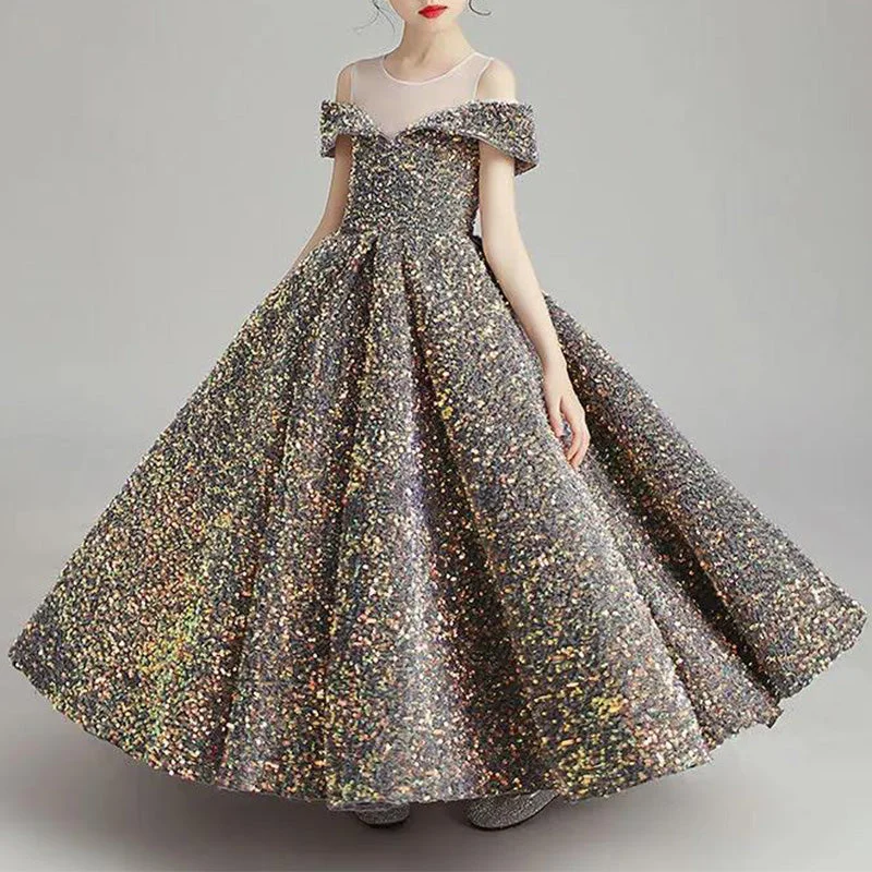 Women's Office Clothing Flower Girl Dress Children Formal Princess Summer Sequins Strapless Retro Dress
