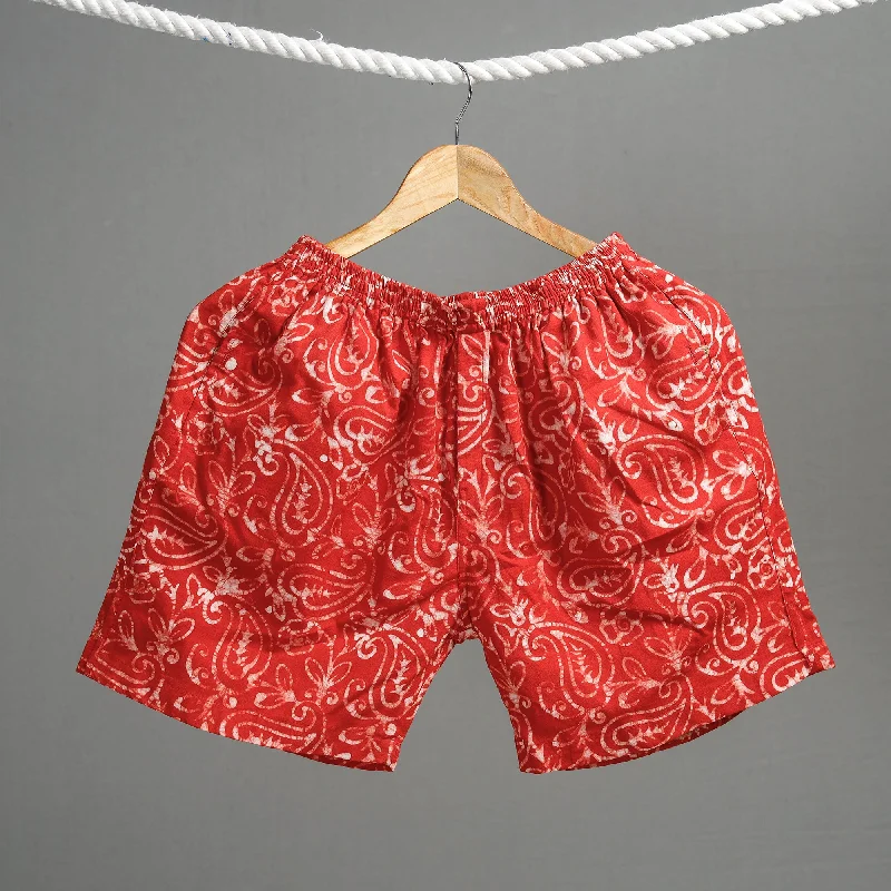 Women's Cozy Outfit For Lounging Red - Hand Batik Printed Cotton Unisex Boxer/Shorts