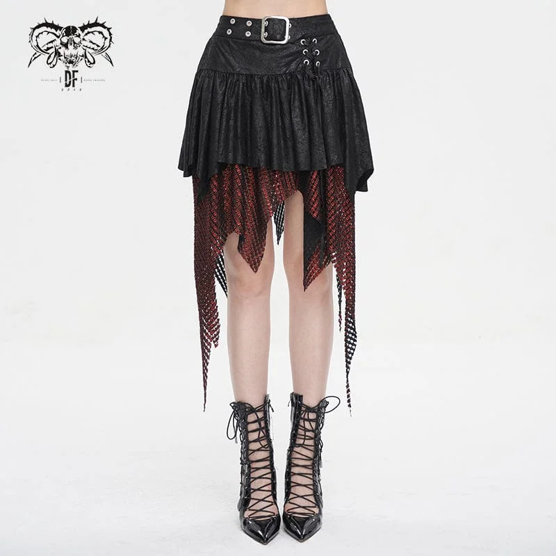 Women's Clothes Women's Gothic Irregular Mesh Splice Buckle Skirt Red