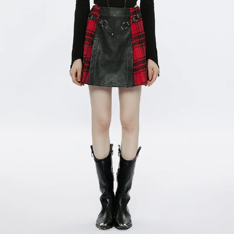 Online Shopping Boutiques Women's Grunge Faux Leather Splice Plaid Skirt