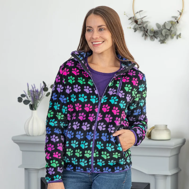 Women's Athletic Garments Printed Paws Fleece Trimmed Zippered Jacket