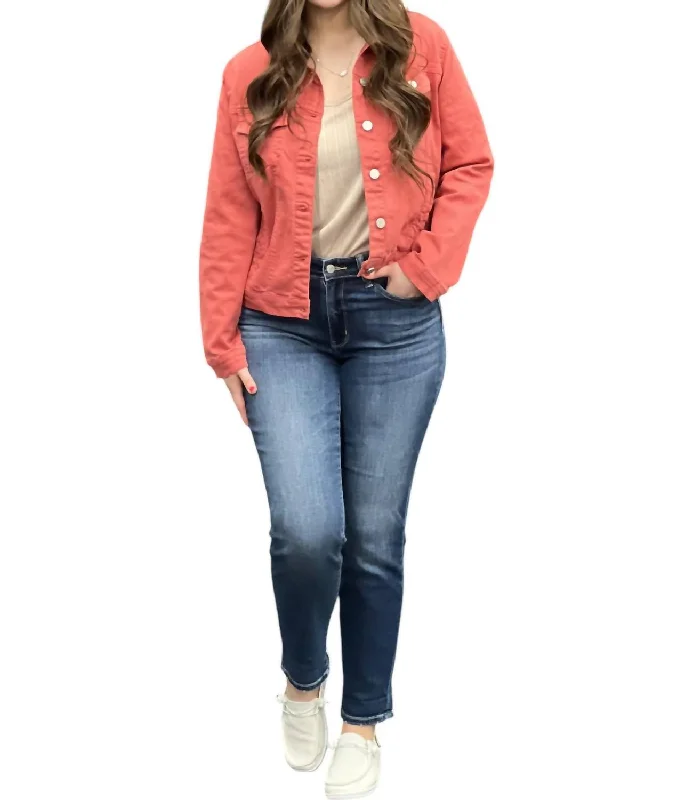Trendy Women's Fashion Hooded Denim Jacket In Brick