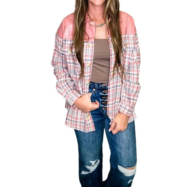 Women's Everyday Attire Plaid And Leather Jacket In Pink