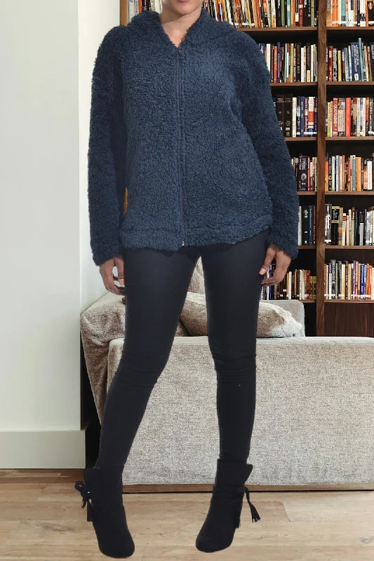 Luxury Women's Clothing Zip-Up Hooded Sherpa Jacket - Navy