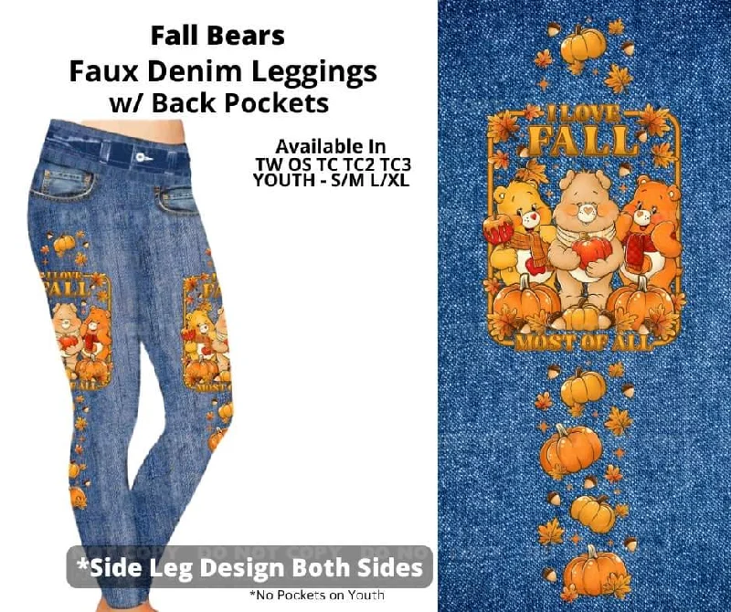 Casual Attire For Women Fall Bears Full Length Faux Denim w/ Side Leg Designs